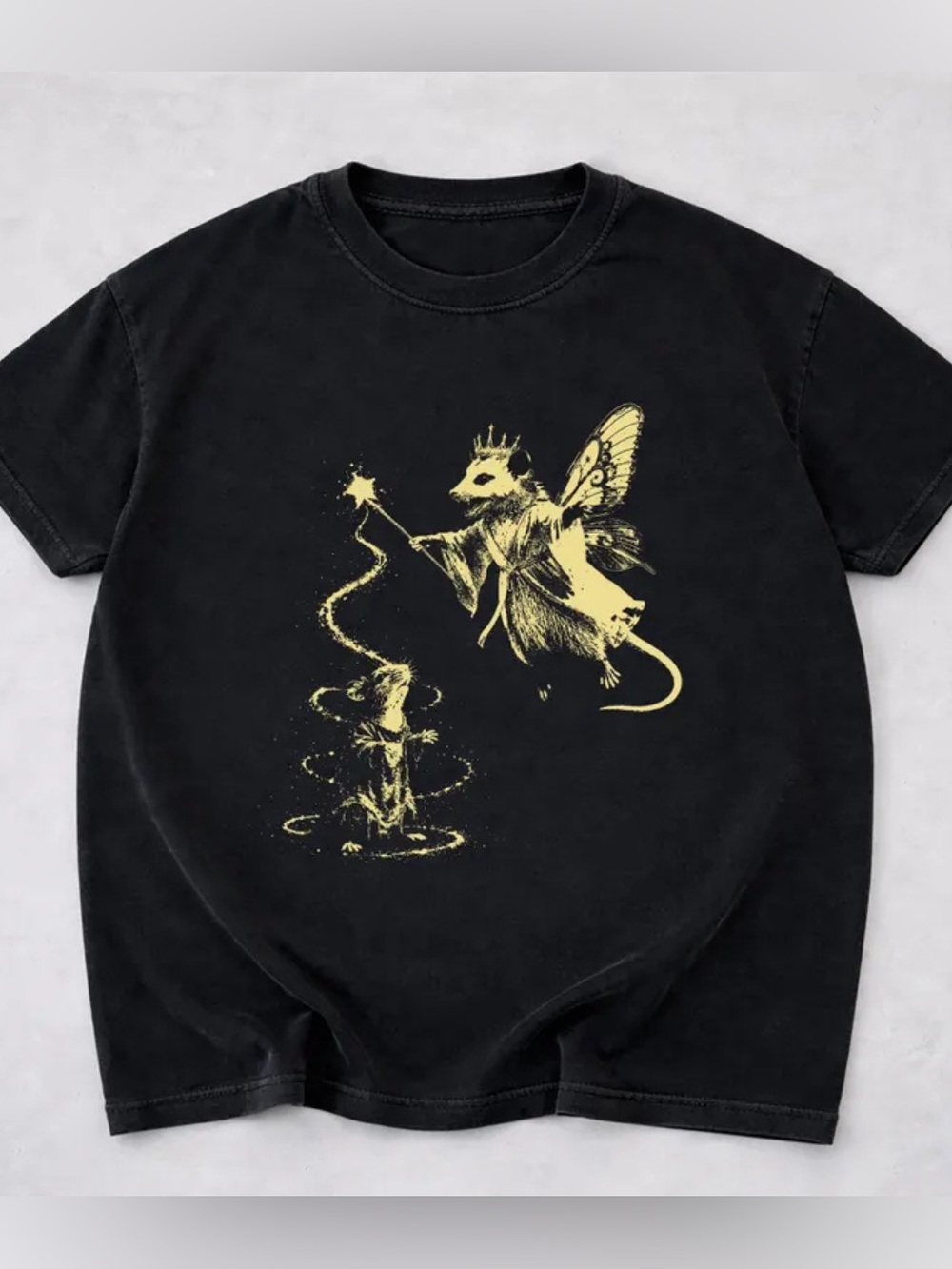 Comfort Black Women’s Graphic Tee, Yellow Fairy Mouse Print, Vintage Retro Style